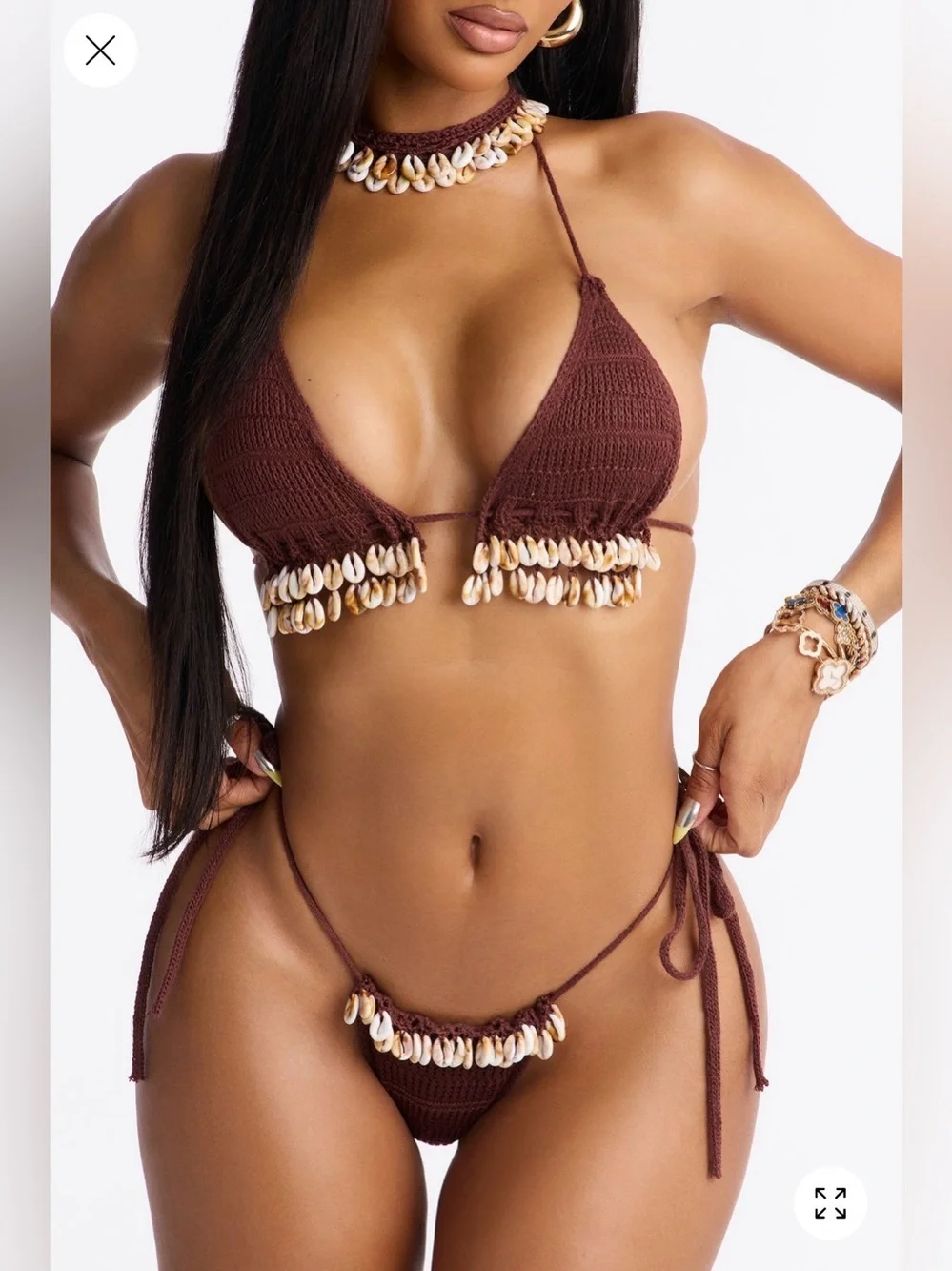 Fashion Nova Brown Crochet Shell-Trim3PC Bikini Set 🤎🔥